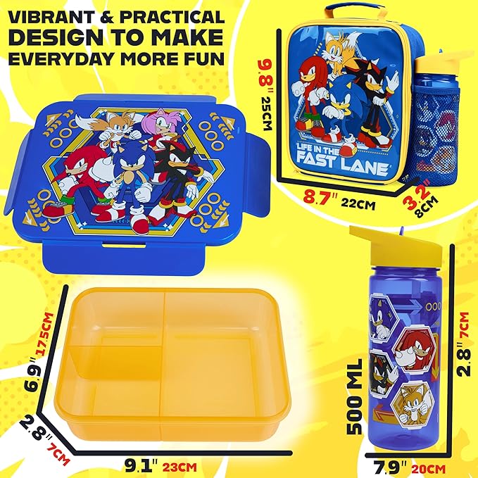Get Trend Sonic the Hedgehog Lunch Bag, Lunch Box, Water Bottle for Kids 3 Piece Set Bento Box, Insulated Snack Container, Shadow Gifts for Kids (Multi Sonic)