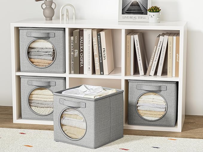 Vailando Ultra Thick Fabric Foldable Storage Bins with Round Window - 11 Inch Cube Storage Organizer for Clothes, Shelves, Offices, Toys & Misc, Light Gray, 4 Pack