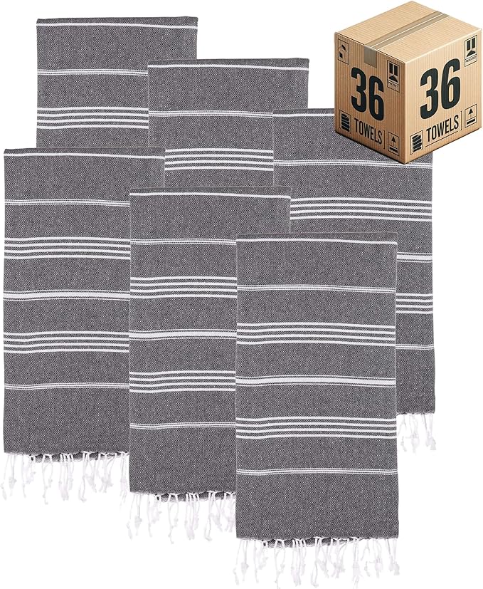 Turkish Beach Towels, Bulk Case of 36 | Oversized, Quick Dry, Sand Free | 100% Cotton, Large 38x71 Towels for Beach, Pool, Travel | Ultra-Soft, Compact, Absorbent | Black