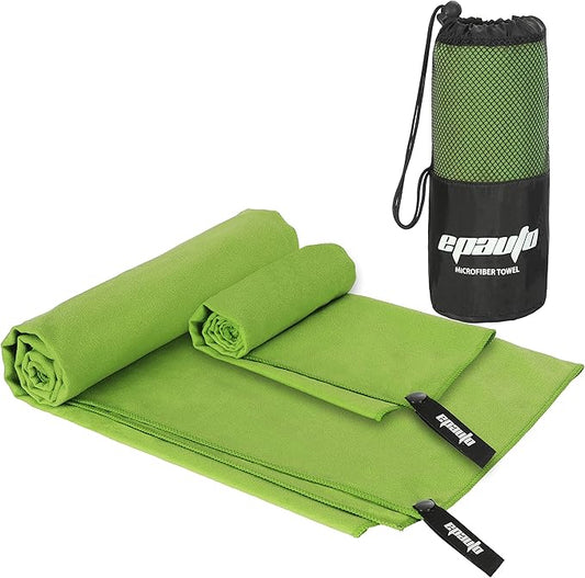 EPAuto Microfiber Fast Drying Towels 2-Pack (60" x 30", 24" x 15") for Travel, Gym, Camping, Beach and Backpacking, Green
