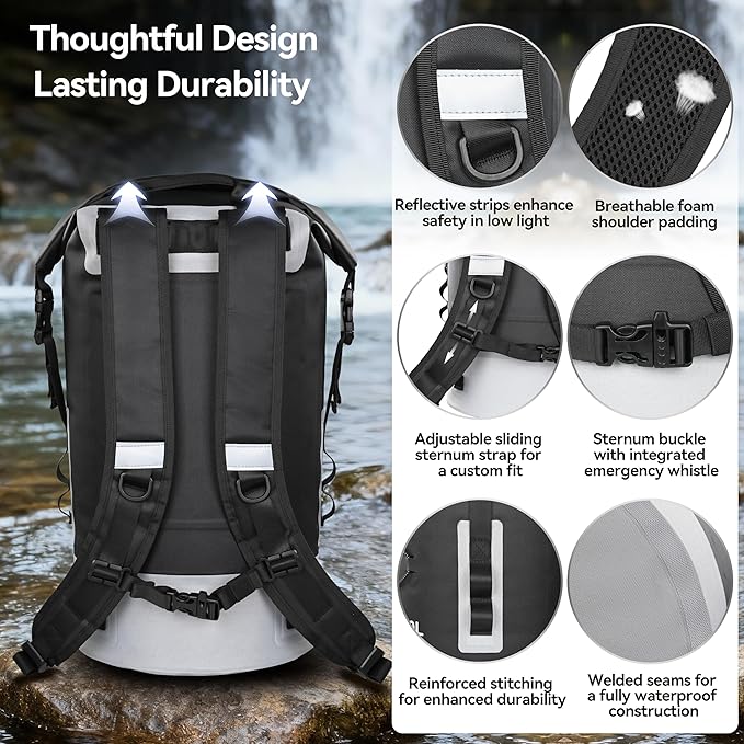 MARCHWAY Floating Roll Top Dry Bag, Flexible Lightweight TPU Waterproof Backpack 20L/30L/40L with Padded Straps for Boating, Kayaking, Swimming, Hiking, Beach (Black, 30L)