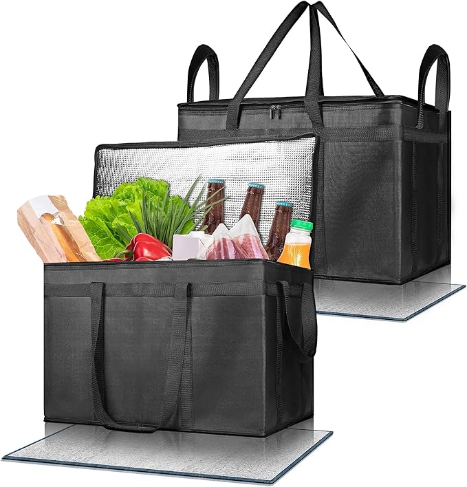Pack of 2 Insulated Food Delivery Bag with Hard Bottom, XXXL Large Reusable Thermal Cooler Grocery Tote Bag, Commercial Pizza Delivery Box Carrier for Uber Eat, Door Dash Essentials, Hot and Cold Food