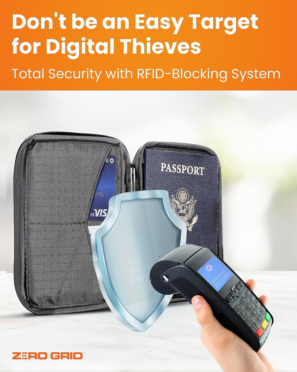 Passport Holder & Travel Wallet with RFID Blocking - Premium Document Organizer Case for Men and Women - Holds Passports, Cards, Tickets, ID, Cash - Compact Zippered Wallet - Shadow