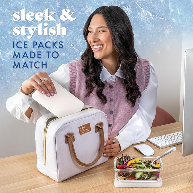 Cool Coolers by Fit & Fresh XL Slim Ice Packs, Quick Freeze Reusable Ice Packs for Lunch Boxes & Coolers, Long-Lasting, Space Saving Cooler Ice Packs, Ivory, 4Pk