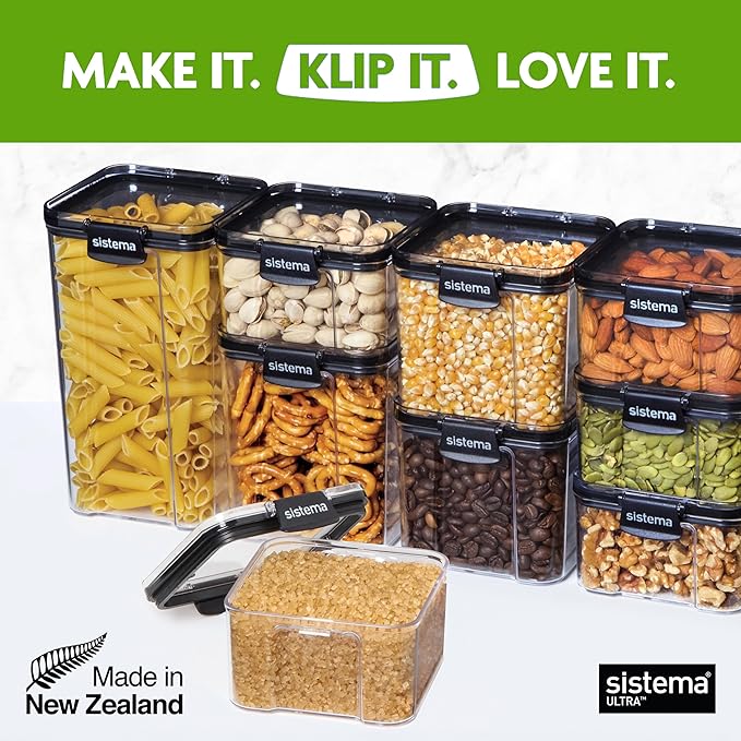 Sistema Tritan Ultra Airtight Pantry & Kitchen Storage Containers, 3-Pack, Clear Stackable Square Food Storage, BPA-Free, Dishwasher & Freezer-Safe (Microwave-Safe Without Lid)