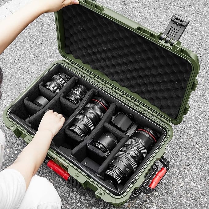 Waterproof Rolling Camera Hard Case 22x14x9 Inch, Impact-resistant Travel Case with Padded Dividers & Wheels for Cameras, Lenses & Accessories(Military Green)