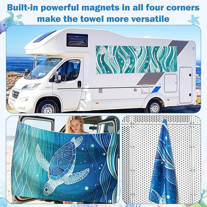 2 Pack Magnetic Beach Towel- 75"x30" Sea Turtle Wave Sand Free Quick Dry Microfiber Towel with Built-in Magnets Lightweight for Beach Chair Car Door Pool Travel Camping Yoga with Storage Bag