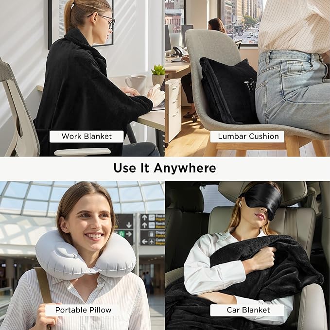 Bedsure Travel Blanket and Pillow Set with Inflatable Neck Pillows, Eye Mask and Storage Bag, Lightweight 3-in-1 Airplane Packable Blanket, Compact Travel Essentials, Black