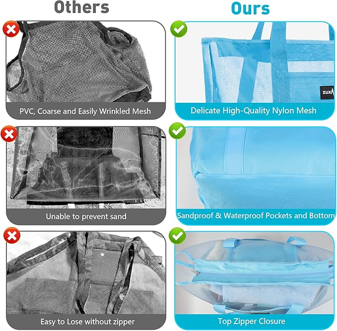 Mesh Beach Bag - Large Waterproof Beach Tote Bag with Zipper, Oversized Foldable Lightweight Family Swim Bag Vacation