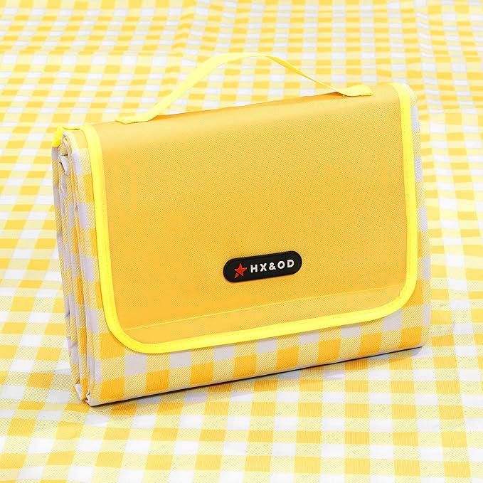 HX&OD Outdoor Picnic Blanket 80"X80" Picnic Mat Extra Large Camping Blanket Beach Blanket Foldable Waterproof Sand Mat Hiking Travel Family Concerts(Yellow)