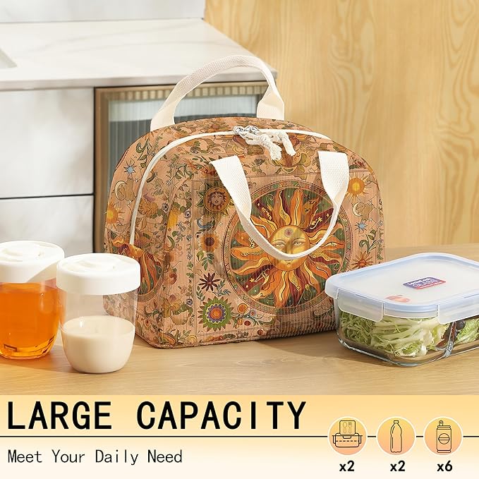 Insulated Lunch Box for Women and Men,Corduroy Lunch Bags for Work,Leakproof Adults Cooler Tote Bag for Offices,Picnic,Travel,Outdoor (Sun)