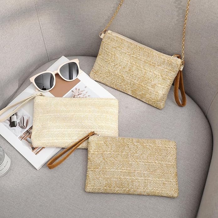Clothirily Straw Purse Bag for Women Bohemian Handbag with Zipper Wristlet, Beach Clutch Womens Straw Clutch Purse for Summer