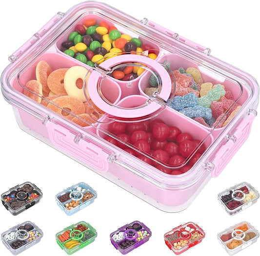 Snackle Box Container with Lid- Travel Charcuterie Box with Handle - Organizer for Candy, Fruit, Nuts, Veggies, Snacks, Beach Essentials, Portable Lunch Box (Pink, Small)