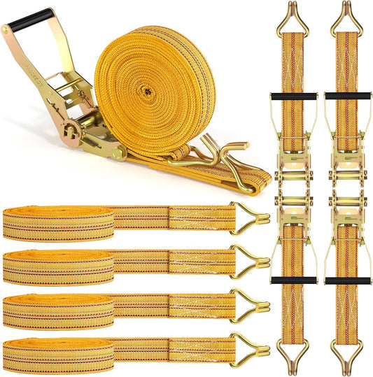 4Pack Heavy Duty Ratchet Straps, 2” 32Ft Ratchet Tie Down Strap, Tie Down Ratcheting with Double J Hook, 4000 LB Break Strength Cargo Straps Ratcheting for Moving Cargo, Lawn Equipment and Motorcycles