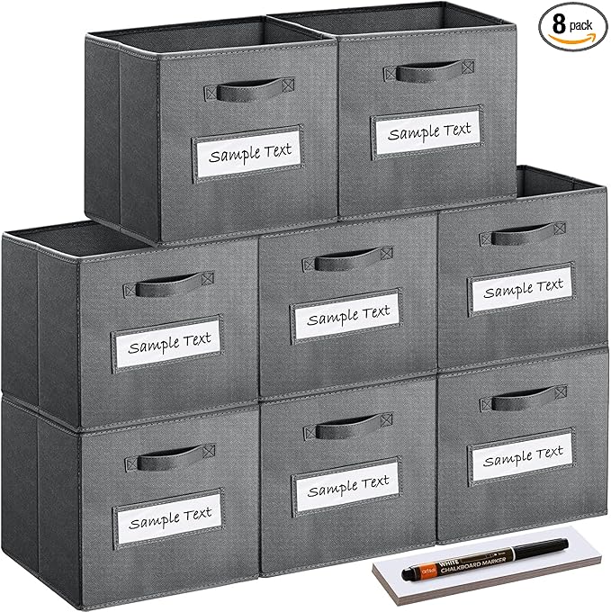 artsdi Fabric storage cubes (Set of 8) 11 Inch Cube Storage Bin, cube storage with 8 Labels Window Cards & a Pen, Foldable cube organizer bins, 11x11 storage bin, Cubby Organizer bins, Gray