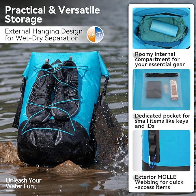 MARCHWAY Floating Roll Top Dry Bag, Flexible Lightweight TPU Waterproof Backpack 20L/30L/40L with Padded Straps for Boating, Kayaking, Swimming, Hiking, Beach (Blue, 30L)