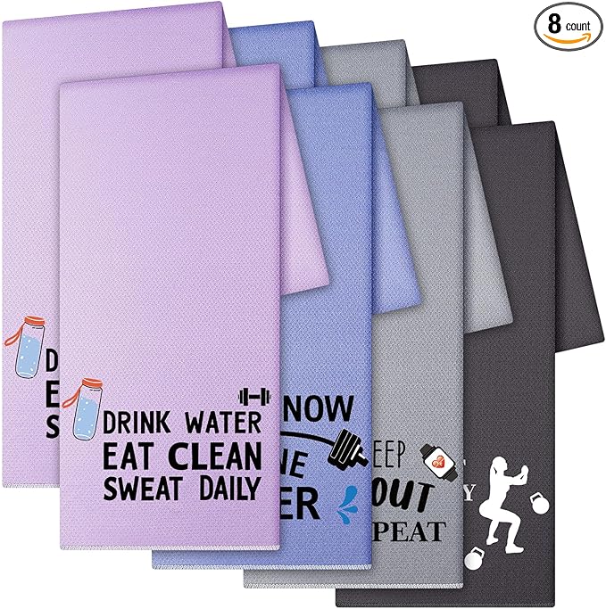 Peryiter 8 Pack Funny Workout Gym Cooling Towel Fitness Gifts for Women Men 40"x12" Microfiber Breathable Yoga Sweat Towels for Neck and Face, Novelty Summer Gifts for Workout Bodybuilding Lover