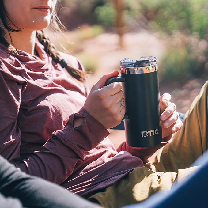 RTIC 20oz Road Trip Travel Mug with Lid and Handle, Insulated, Stainless Steel, Metal, Double Wall Vacuum-Insulation, Ceramic Lined, Portable Coffee, Tea Cup for Hot and Cold Drink, Denim