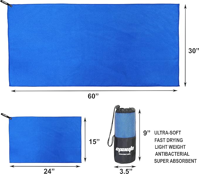 EPAuto Microfiber Fast Drying Towels 2-Pack (60" x 30", 24" x 15") for Travel, Gym, Camping, Beach and Backpacking, Blue