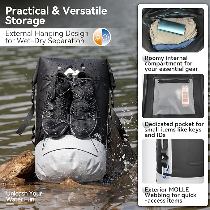 MARCHWAY Floating Roll Top Dry Bag, Flexible Lightweight TPU Waterproof Backpack 20L/30L/40L with Padded Straps for Boating, Kayaking, Swimming, Hiking, Beach (Black, 30L)