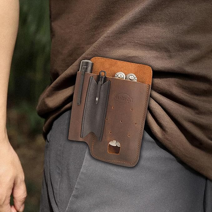 Leather EDC Multitool Sheath with Flip Closure | Leather EDC Belt Organizer | Flashlight Holster | Heavy Duty Multitool Organizer
