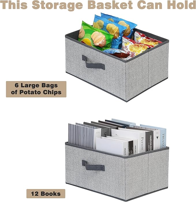 Storage Baskets, 15.7 Inch Woven Fabric Bins, Storage Cubes with Reinforced Handles, Organizer Bins for Closet Shelves, Foldable, for Toys, Clothes (4PCS/Grey-15.7*11*7.8inch)