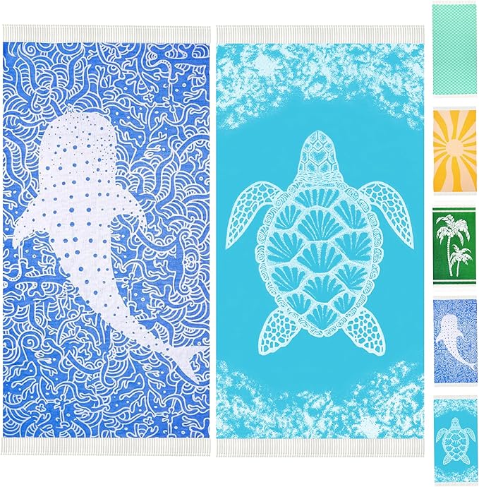 Genovega 2 Packs Turkish Beach Towels Vacation Essentials Quick Dry Sand Free Soft Absorbent Adult Oversized Bath Pool Swim Long Lightweight Thin Fast Drying Over The Chair Towel Sand Turtle Whale