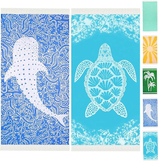 Genovega 2 Packs Turkish Beach Towels Vacation Essentials Quick Dry Sand Free Soft Absorbent Adult Oversized Bath Pool Swim Long Lightweight Thin Fast Drying Over The Chair Towel Sand Turtle Whale