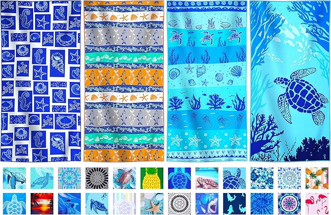 4 Packs Lightweight Thin Microfiber Beach Towel Oversized Quick Dry Compact Sandproof Clearance Towels Sand Free Camping Swimming Easy Pack Travel Adults Starfish Small Fish Sea Turtles Conches