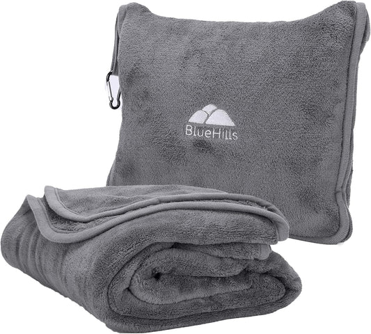 BlueHills Premium Soft Long Travel Blanket Pillow for Tall Airplane Flight Blanket Throw in Soft Bag case with Hand Luggage Belt & Backpack Clip Compact Pack Large Grey Gray T052