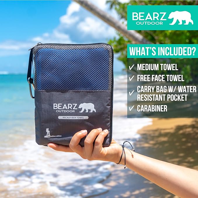 Microfiber Towel Set by BEARZ Outdoor. Microfiber Towels for Body, Workout Towel, Camp Towel, Yoga Towel, Sweat Towel, Microfiber Beach Towel, Travel Towel. Fast Drying & Compact. Free Face Towel