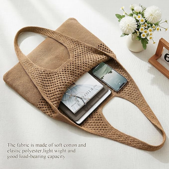 SUOSDEY Crochet Mesh Beach Tote Bag, Knit Summer Vacation Aesthetic Boho Tote Bag for Women