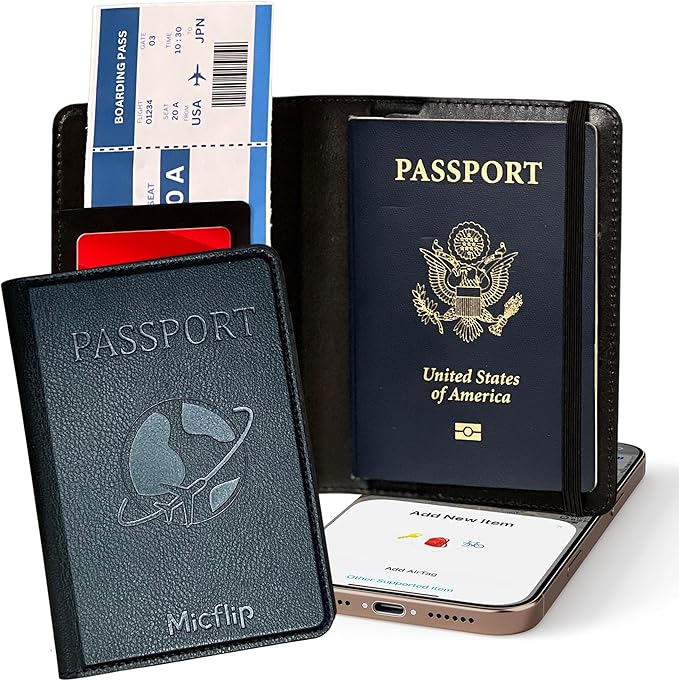 Smart Passport Holder with Built-in Wireless Tracker – MFi Certified – Compatible with Apple Find My – Travel Wallet with Card Slots, Boarding Pass Pocket & SIM Storage – PU Leather (Black)