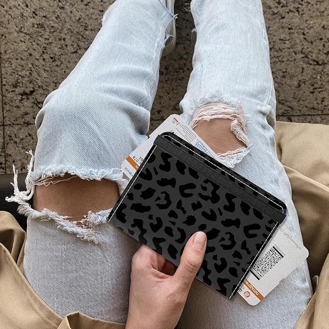 Cute Passport Holder and Holder Combo Passport Cover with RFID Blocking Women Men Compatible Wallet Credit Card Protector(Black Grey Leopard Cheetah Pattern)