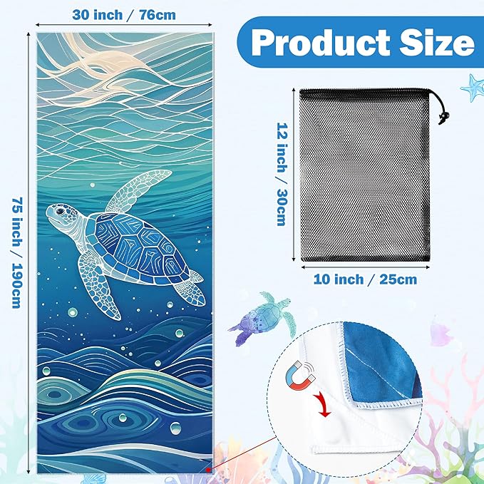 Sea Turtle Magnetic Beach Towel - 75"x30" Sand Free Quick Dry Microfiber Towel with Built-in Magnets Lightweight for Beach Chair Car Door Pool Travel Camping Yoga with Storage Bag