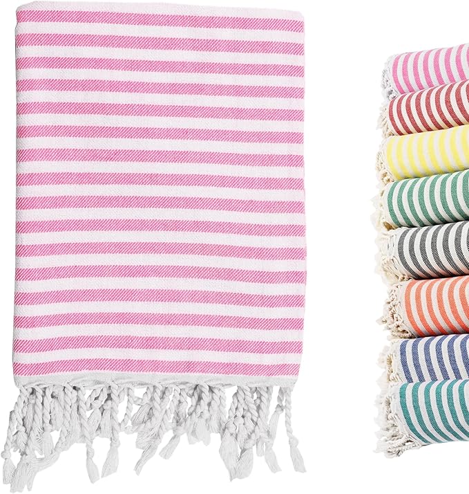 Turkish Striped Beach Towels Bulk Oversized 39"x71" Large Bath and Pool Set Quick Dry Lightweight Travel Towel for Adult,100% Cotton TEBT-18-1pink