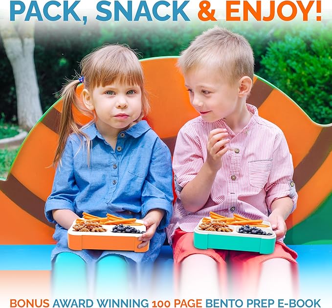 Snack Containers for Kids | MINI Lunch Box | SMALL Reuseable Bento Box Portion Container | Leak Proof Boxes for School | Daycare Work Travel | for Adults Boys Girls | Teal Blue + Orange Set of 2