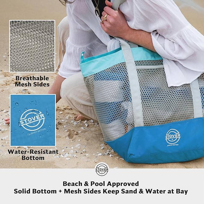 STOVER Extra Large Mesh Beach Bag, Vacation, Pool, Shopping & Travel Tote - Foldable w/Storage Pouch & Pockets for Women, Men
