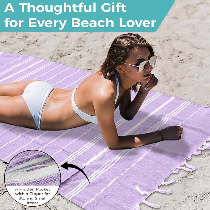 Turkish Beach Towel with Hidden Zipper Pocket 100% Cotton Oversized 72 x 37 Inches Quick Dry Sand Free Lightweight Compact for Beach, Pool, Travel, Bath, and Yoga (Light Purple)
