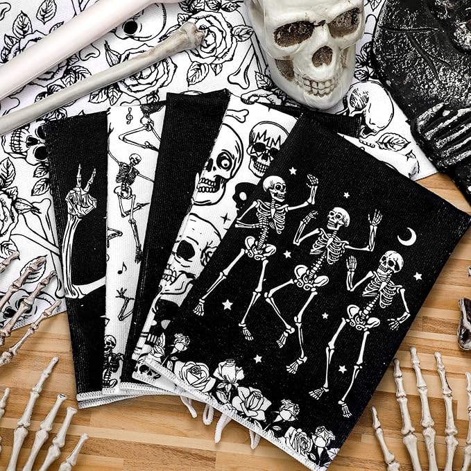 Bencailor 6 Pcs Skull Kitchen Towels Skeleton Dish Hand Towels Funny Skull Rose Tea Washcloth for Bathroom Kitchen Gothic Horror Decor Gifts 24 x 16''