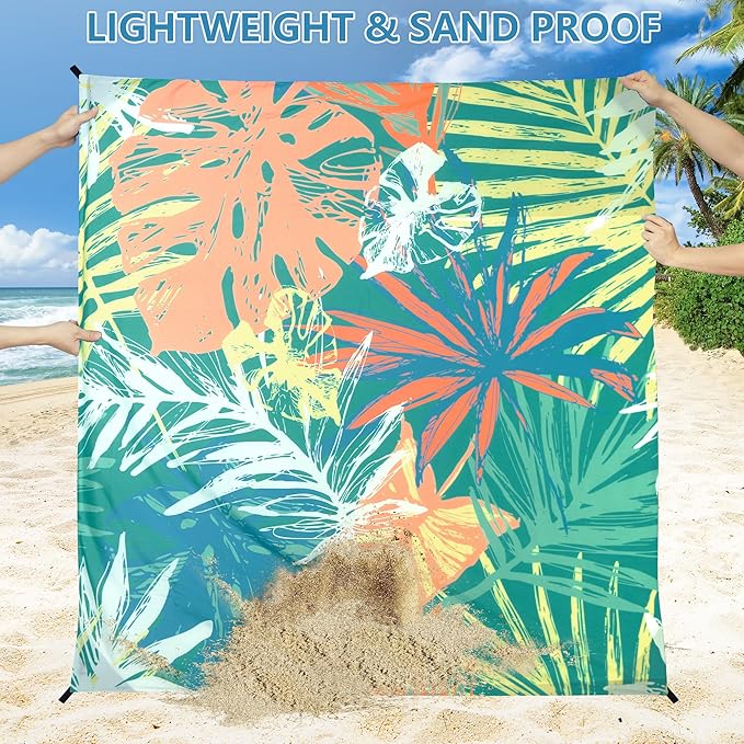 Beach Blanket Waterproof Sandproof Beach Mat for 1-8 Adults Quick Drying Durable Outdoor Picnic Mat for Beach Festival Travel Camping Hiking (Colorful-Palm, 79"×83"(4 Person))