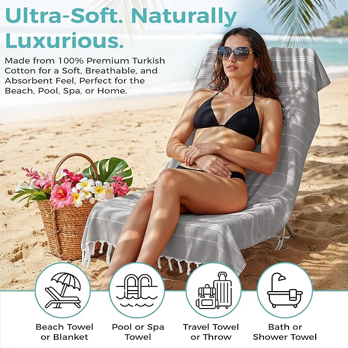 Turkish Beach Towel with Hidden Zipper Pocket 100% Cotton Oversized 72 x 37 Inches Quick Dry Sand Free Lightweight Compact for Beach, Pool, Travel, Bath, and Yoga (Light Gray)
