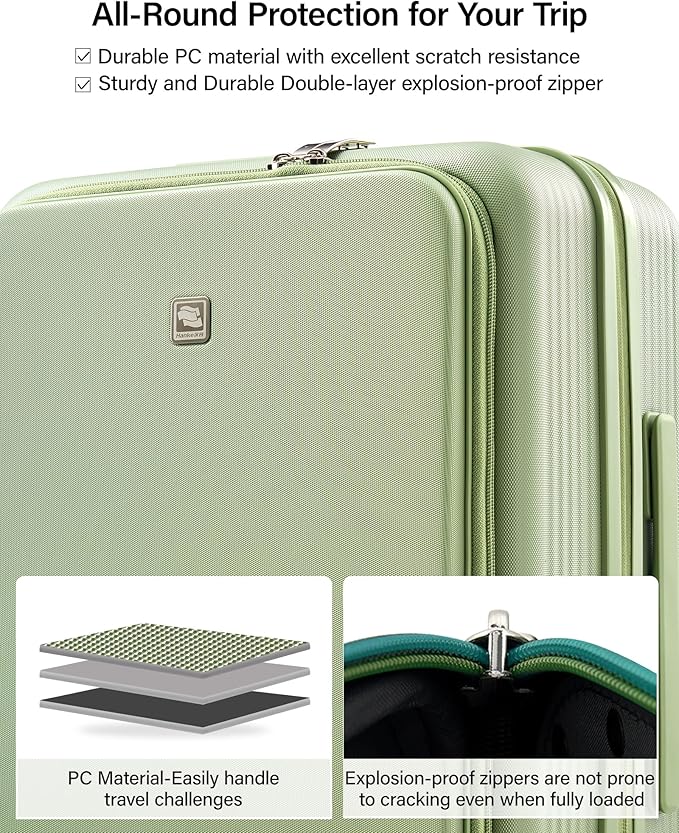 Hanke 20 Inch Expandable Carry On Luggage Airline Approved Top Opening Travel Luggage Rolling Suitcase with Cup Holder Hard Shell Suitcases with Wheels (Bamboo Green)