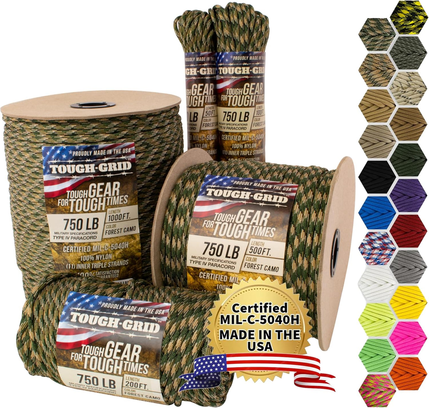 TOUGH-GRID 750 Paracord Rope Nylon Parachute Cord, Made in USA Survival Kit, Outdoor Adventures, Camping, Tactical Gear & Emergency Supplies, Military Type IV Mil-Spec