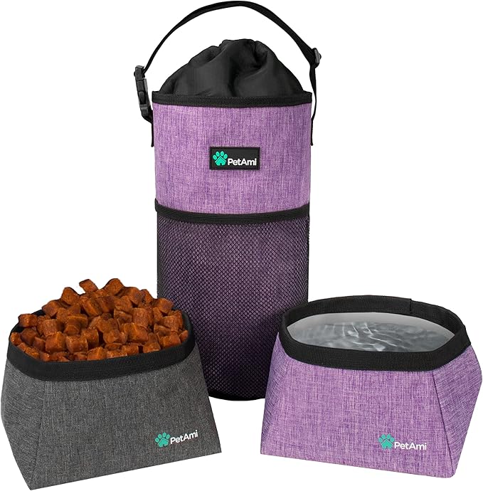 PetAmi Travel Dog Food & Water Bowls Set, Collapsible Dog Kibble Bag, Cat-Friendly, Foldable Waterproof Camping Bowls for Hiking, Purple & Gray