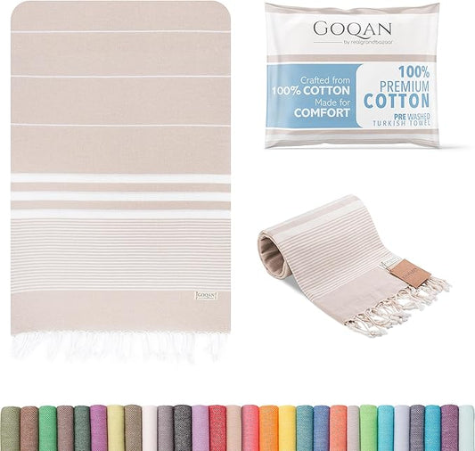 GOQAN Turkish Beach Towel Oversized 39x71 | Thin, Lightweight, 100% Cotton and Sand Free Towel is Suitable for Beach, Bathroom, Pool, Travel & Swim - Beige