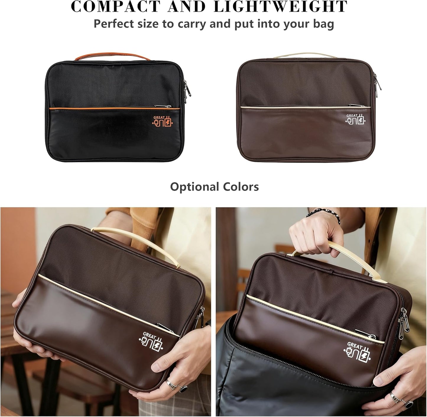 Electronics Accessories Organizer Bag, Waterproof Double LayerTravel Cable Organizer Case for Cords, Charger, Power Bank,Hard Drive, Mouse -Shockproof Tech Storage Pouch (Classic-two layers-Brown)