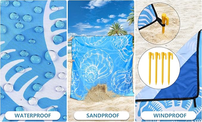 Beach Blanket Waterproof Sandproof Beach Mat 79" X 83"/10'x9'for 2-8 Adults Quick Drying Outdoor Picnic Mat Beach Accessories for Travel, Camping, Hiking
