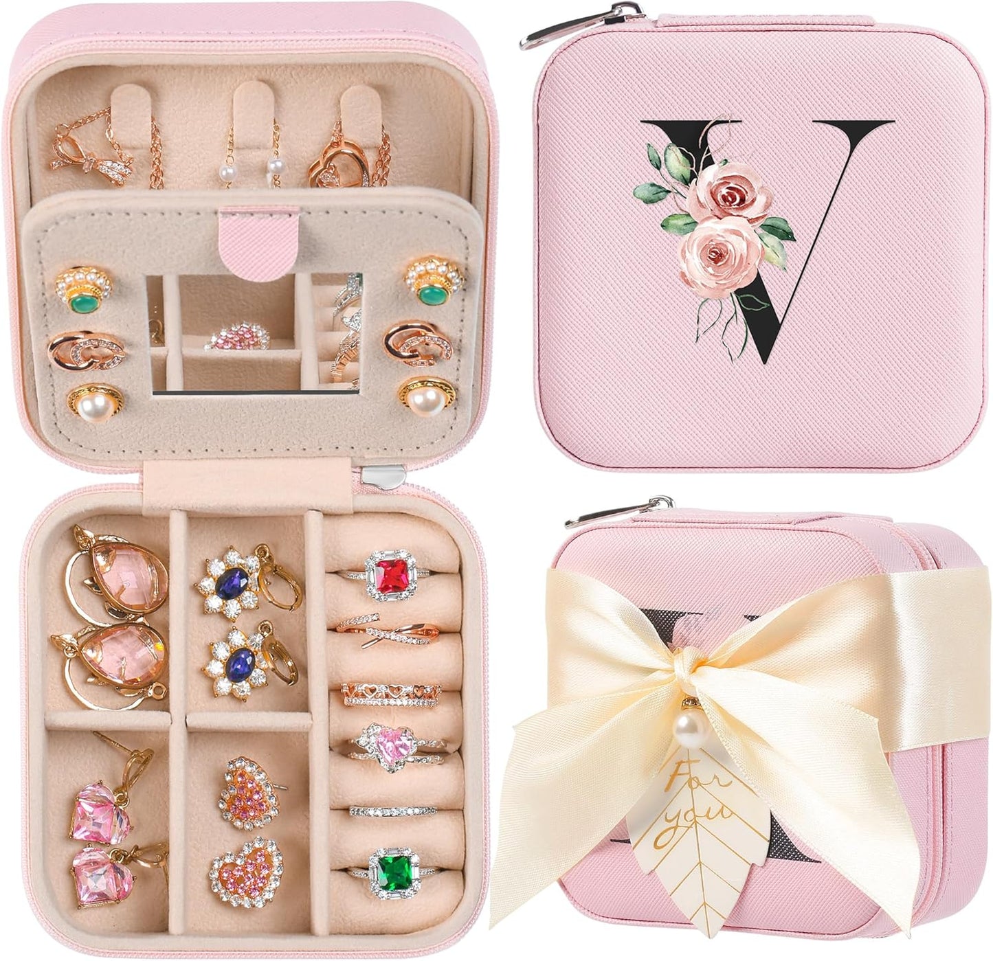 AYGXU Travel Jewelry Box for Women and Girls - Small Case With Initial A-Z - Teacher Gifts