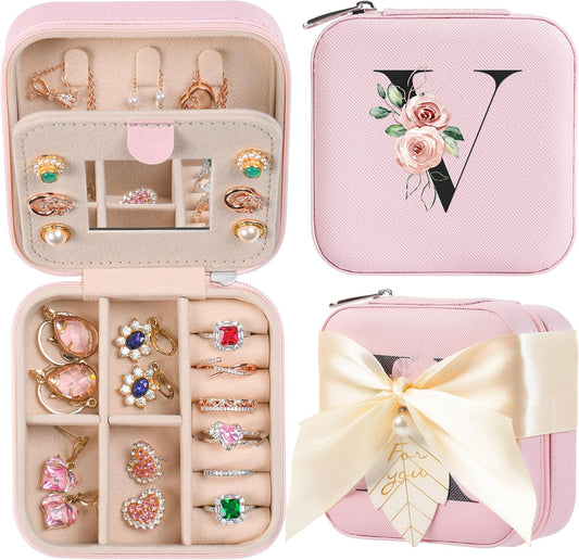 AYGXU Travel Jewelry Box for Women and Girls - Small Case With Initial A-Z - Teacher Gifts